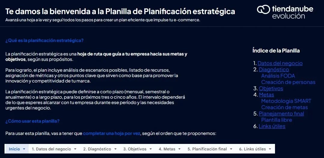 Captura de pantalla de la Planilla de Planificación Estratégica de Tiendanube Evolución.